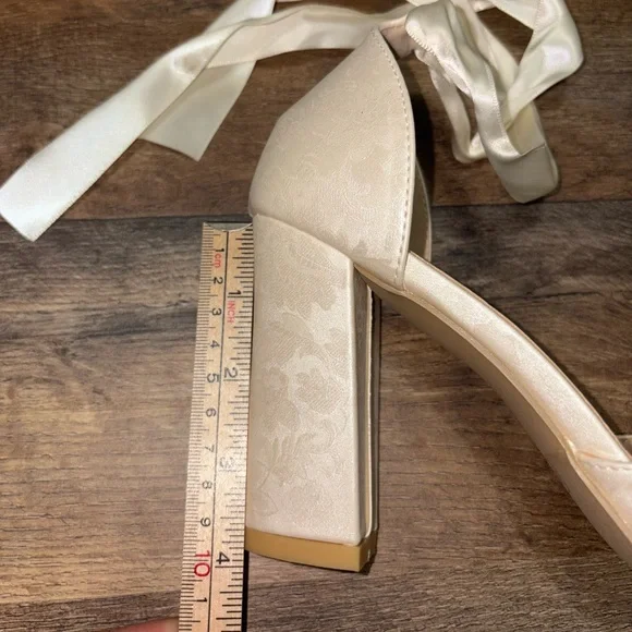 Ivory Satin Jacquard Bridal Heels with Ribbon Tie - Picture 8 of 8